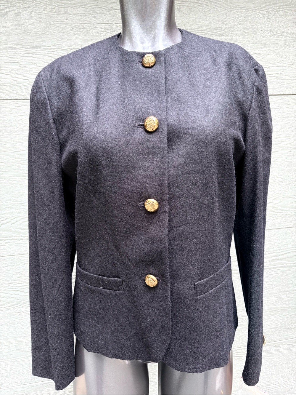 Pendleton NWT Black Wool Collarless Blazer with Gold Buttons